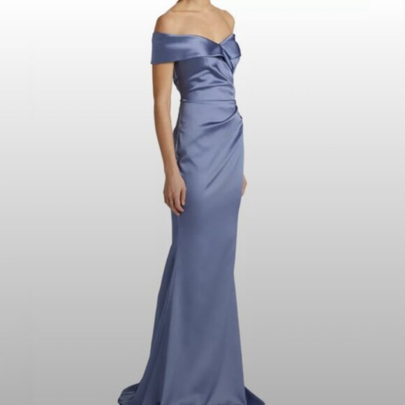 Teri Jon Gown Women 14 Blue Purple Stretch Satin Off Shoulder Glam Chic - Picture 4 of 16